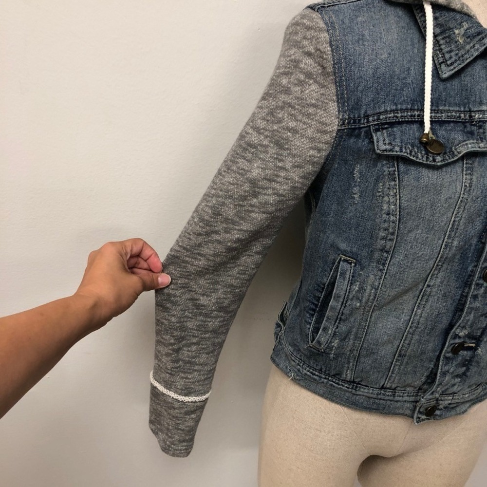 Free People Denim Jacket Womens Small Blue Grey Hooded Mixed Media Distressed - Picture 3 of 11